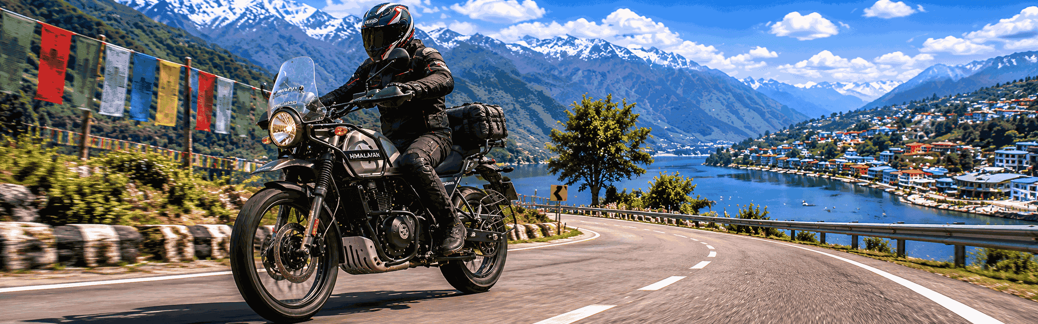 Motorcyclist on a scenic mountain road with mountains, lake, and buildings in the background.